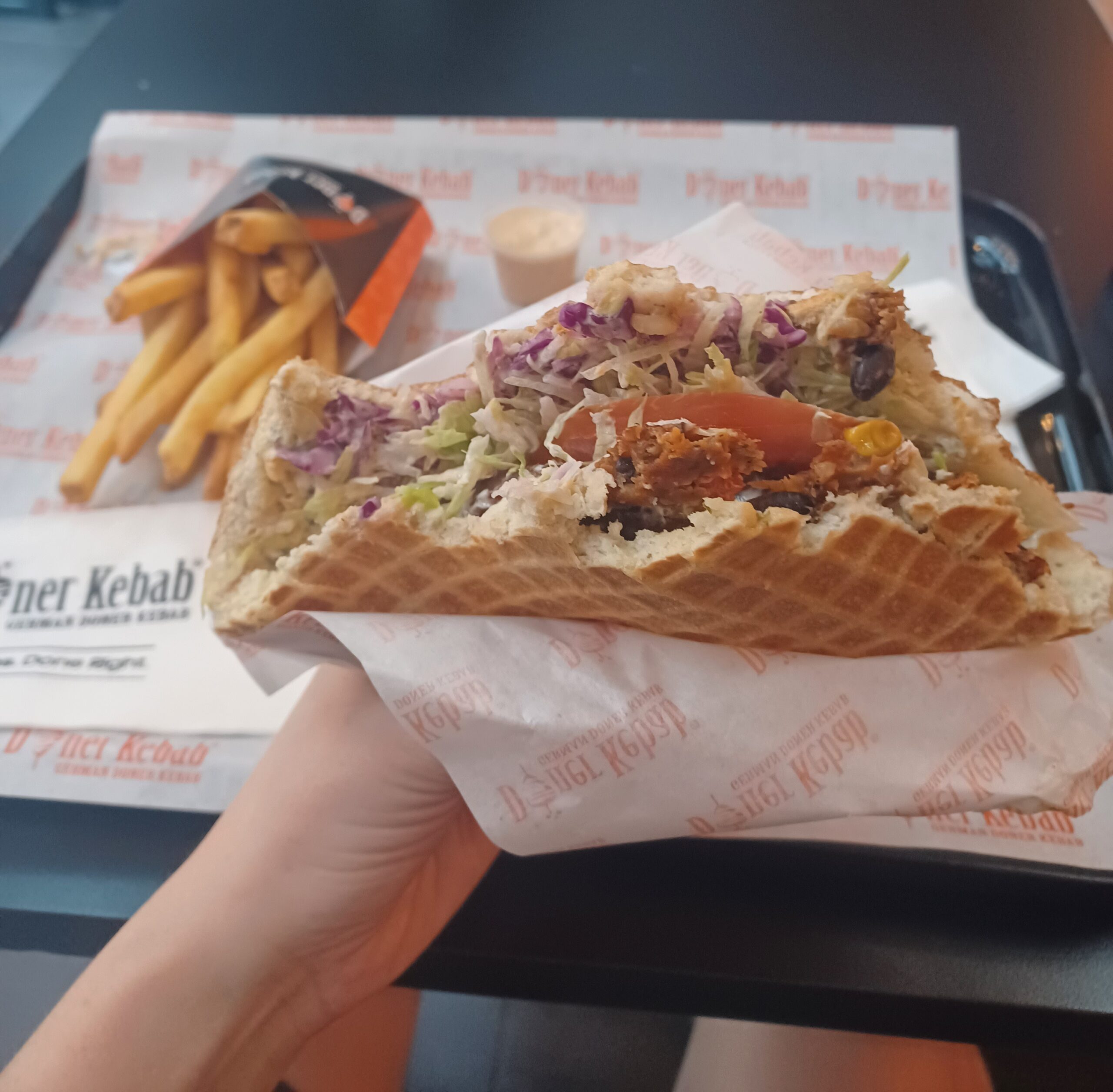 A triangular pita style bread filled with coleslaw, a veggie burger patty, tomato, red cabbage, and lettuce. A pack of fries is in the background.
