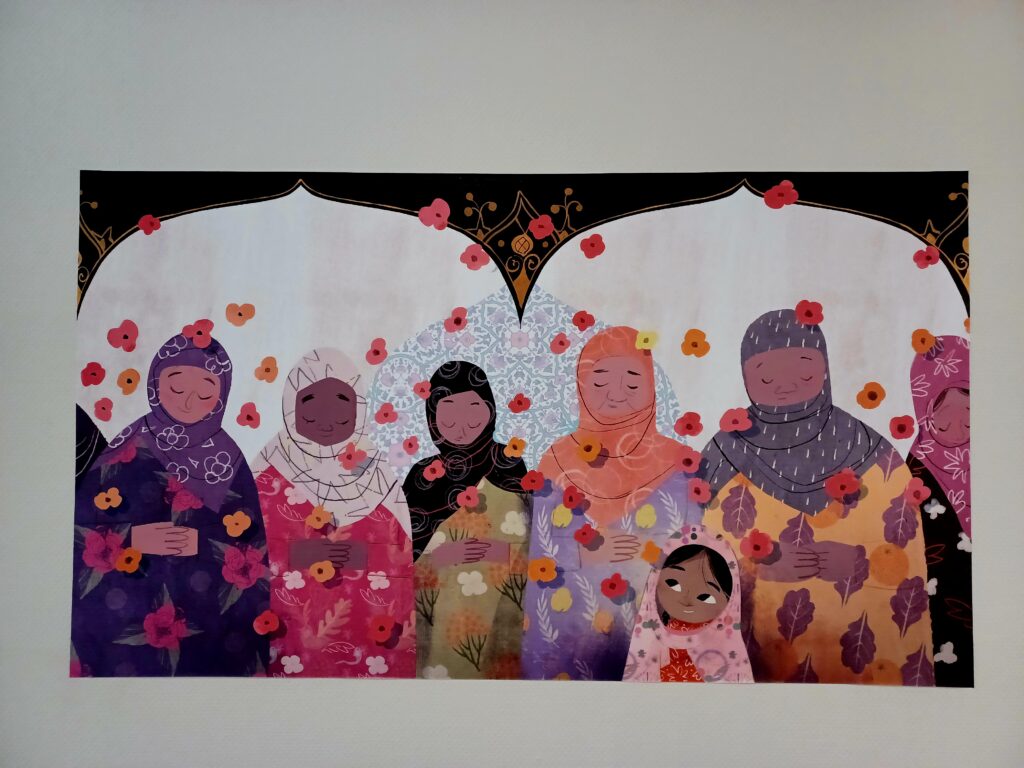 A group of ladies of the Muslim faith and a little girl who wear traditional hijab clothing. Each women is dressed in different colours and there are yellow, pink, orange, and red flowers next to and above them. At the very top is what looks the upper part of a big white heart.