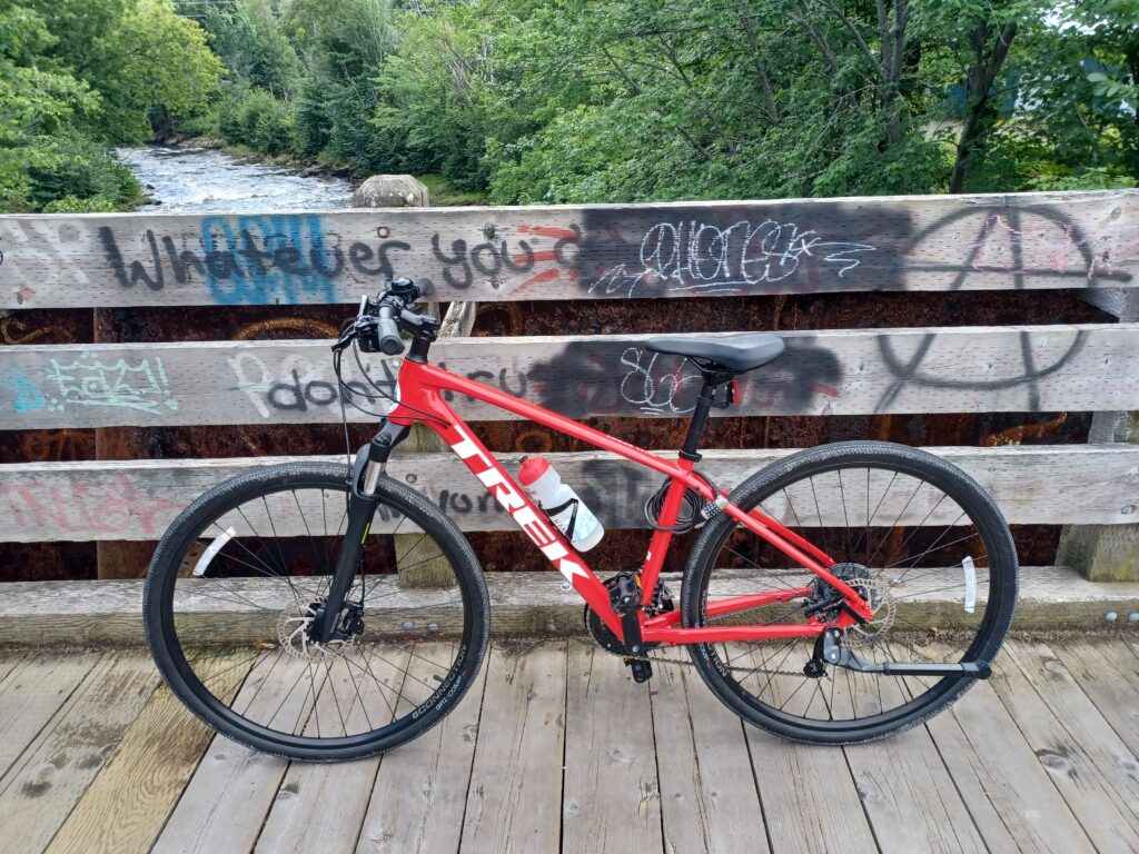A red bike of the Trek brand sittting in front of a bridge side, that has graffiti on it. At the very back, there are trees and a river.