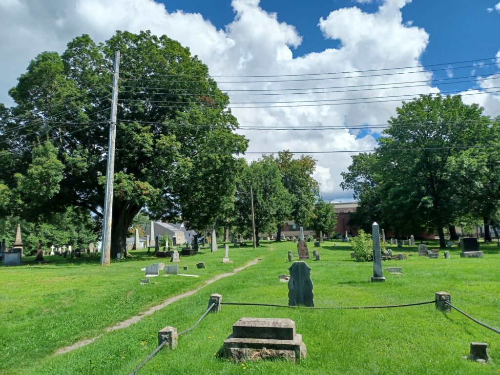 A nice green space with large trees and gravestones standing around all over the place. There are some power poles as well.