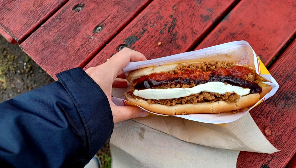 A vegan hot dog consisting of veggie grounds and several sauces on top. 